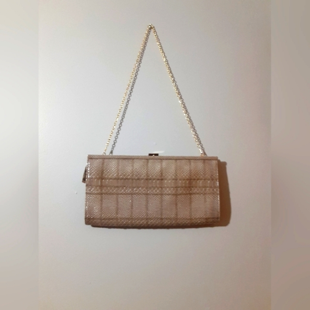 Aldo NWT Women's Leather Clutch Purse Taupe Color Gold Chain Strap Snap Closure